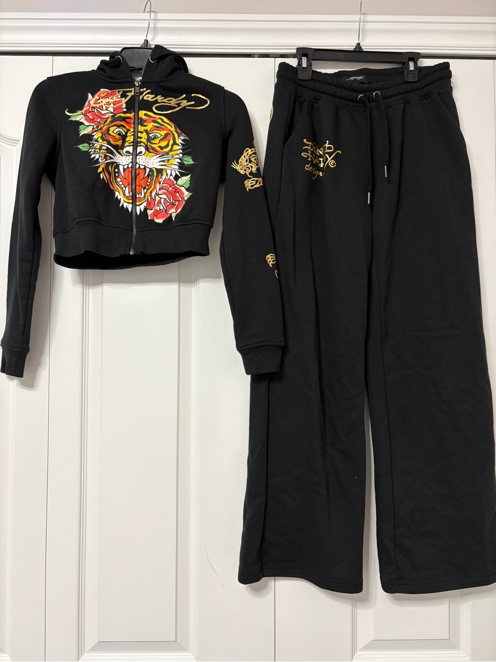 Ed Hardy Black Hoodie & Jogger Set with Colorful Tiger Graphic